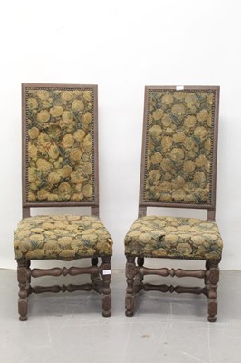 Lot 1221 - Pair of 17th / 18th century oak high back chairs with needlework upholstered seats and backs