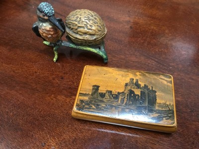 Lot 244 - Mauclineware snuff box together with a cold painted metal kingfisher model