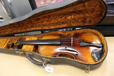 Lot 1857 - Antique German violin in case, the violin bearing label 'Caspar da Salo in Brescia 1590', also stamped 'Dresden'