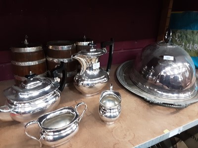 Lot 595 - Large plated meat cover, plated four piece teaset, Mdina glass bowl and sundries