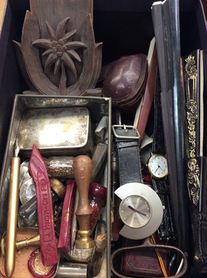 Lot 291 - Wax seals, coins, pipe, two wristwatches, fans and sundries