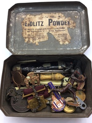 Lot 293 - Old tin containing penknives, medals, painted lead man and monkey etc