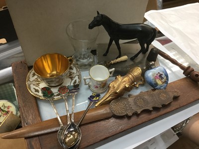 Lot 711 - Porcelain scent bottle with silver top, silver souvenir spoons, Masonic glass and sundries (1 box)