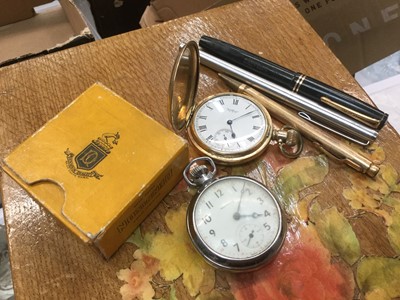 Lot 709 - Gentleman's full hunter pocket watch in gold plated case, together with an Ingersoll pocket watch and group of pens