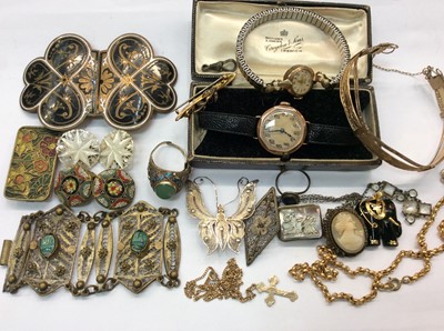 Lot 707 - Group vintage jewellery including two gold cased wristwatches, 9ct gold cross pendant on chain, 9ct gold bar brooch, enamelled buckle etc