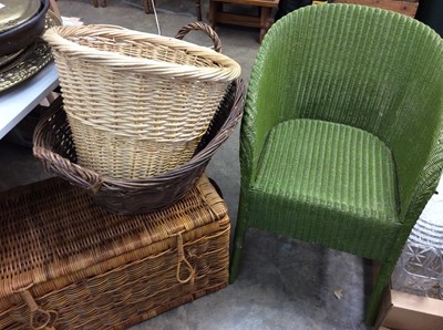 Lot 453 - Green Lloyd Loom bucket chair, wicker hamper and two wicker baskets