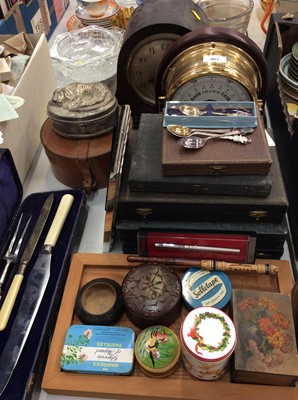 Lot 461 - 1930s mantle clock, brass cased barometer, cutlery sets and sundries