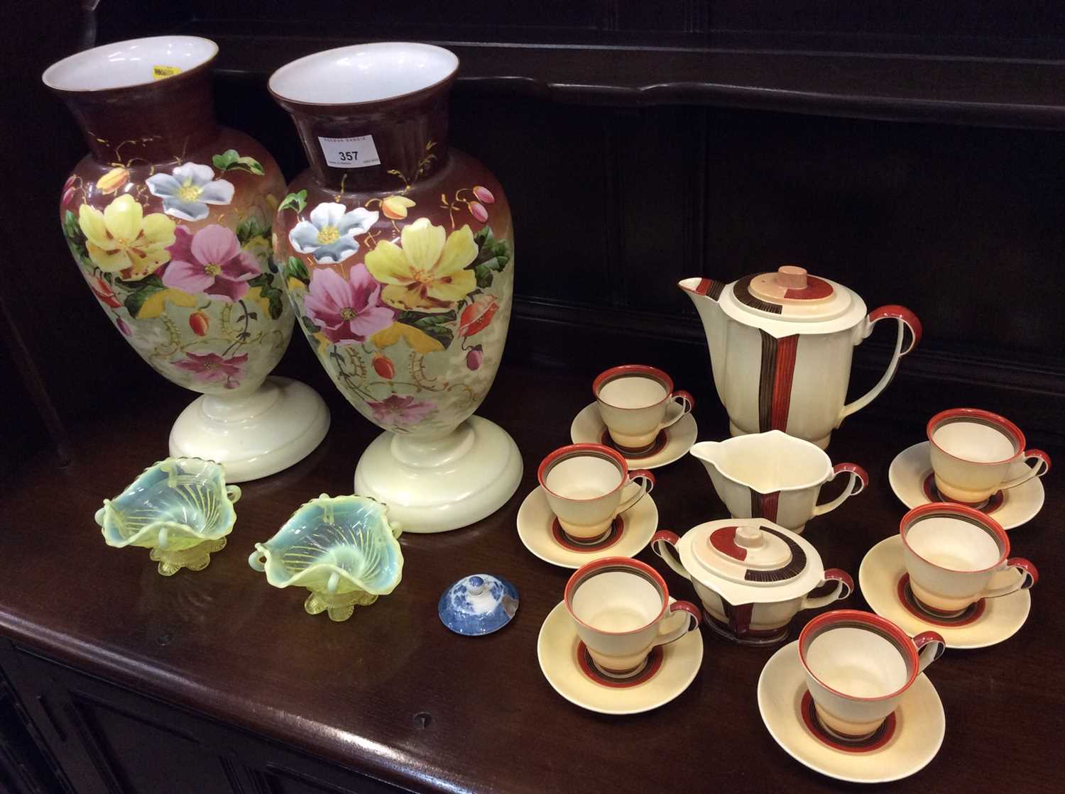 Lot 357 - Art Deco Carlton Ware tea set, pair painted glass vases and pair Vaseline glass dishes