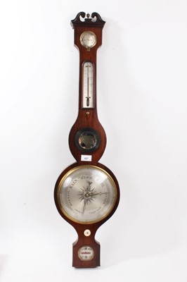 Lot 627 - 19th century rosewood barometer with silvered dial and silver neck pediment