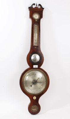 Lot 628 - George III banjo barometer with silvered dial and convex glass with swan neck pediment