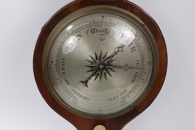 Lot 628 - George III banjo barometer with silvered dial and convex glass with swan neck pediment