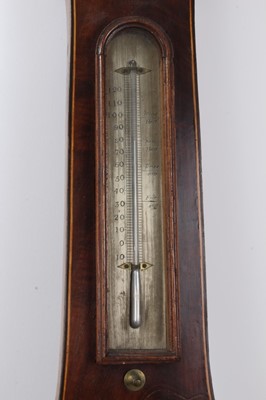 Lot 628 - George III banjo barometer with silvered dial and convex glass with swan neck pediment