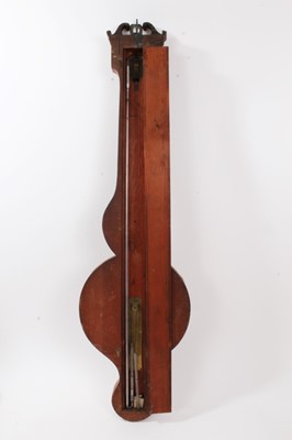 Lot 628 - George III banjo barometer with silvered dial and convex glass with swan neck pediment