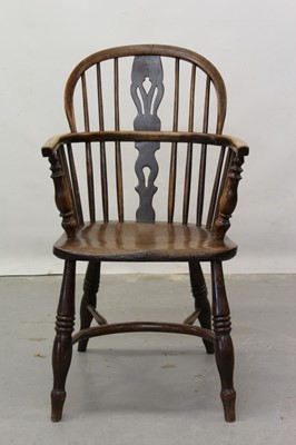 Lot 1245 - Early 19th century Thames Valley elm low Windsor chair with half hoop stretcher