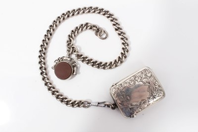 Lot 48 - Silver Albert chain with hard stone fob and silver vesta case