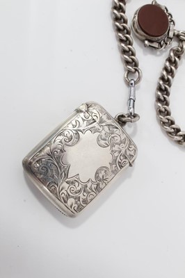 Lot 48 - Silver Albert chain with hard stone fob and silver vesta case