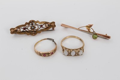 Lot 493 - 9ct gold three stone opal ring, Victorian 15ct gold ring and two Edwardian 9ct gold brooches