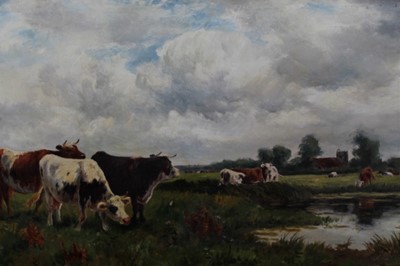 Lot 943 - Late 19th century oil on canvas - cows in pasture