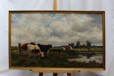 Lot 943 - Late 19th century oil on canvas - cows in pasture