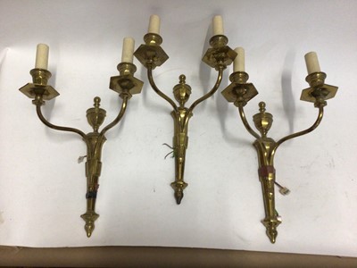 Lot 657 - Set of three twin branch wall lights, pair of picture lights, another wall light