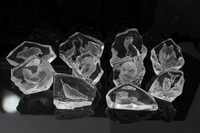 Lot 876 - Collection of ten Mats Jonasson glass sculptures, including otter, rabbit, wolf and others, the largest 16cm tall