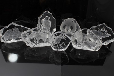 Lot 846 - Mats Jonasson glass sculpture - elephant, 1993 Collectors Society edition, 20cm long, together with polar bear family, panda. (3)