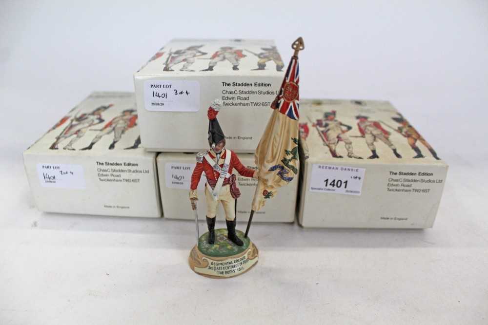 Lot 1401 - Group of four The Stadden Edition cast lead military figures by Charles C. Stadden, comprising Drum Major 70th Regiment of Foot 1815, Regimental Colour 3rd (East Kent) Regiment of foot (The Buffs)...