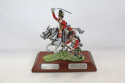 Lot 1406 - Impressive The Stadden Edition cast lead military figure group by Charles C. Stadden, Trooper 2nd or Royal North British Dragoon's 1815, Private 92md (Highland) Regt of Foot 1815, on wooden plinth,...