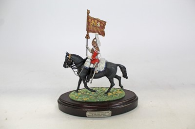 Lot 1408 - Impressive The Stadden Edition cast lead military figure group by Charles C. Stadden, Squadron Corporal Major of the Life Guards with the Sovereigns standard, on oval wooden plinth, approx 23cm in...