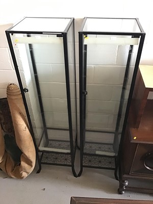 Lot 102 - Three black metal framed glass display cabinets with glass shelves, 45 x 180.5 x 40cm