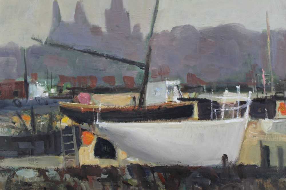 Lot 1020 - Ronald Ronaldson, oil on board, harbour scene