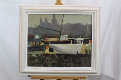 Lot 1020 - Ronald Ronaldson, oil on board, harbour scene