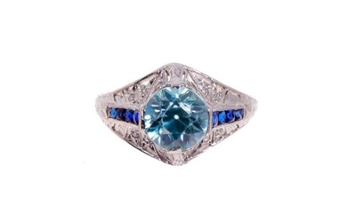 Lot 538 - Art Deco blue zircon, sapphire and diamond platinum ring