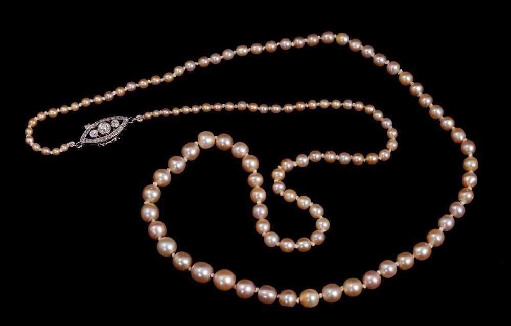 Sold at Auction: A late Victorian single strand graduated natural saltwater  pearl necklace, with six stone old round cut diamond set silver and gold  rectangular clasp