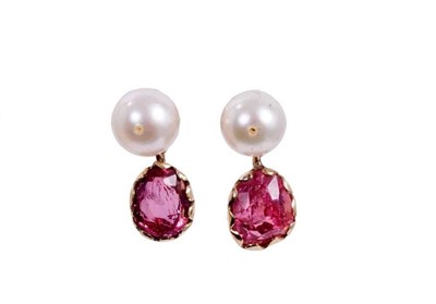 Lot 539 - Pair of cultured pearl and spinel earrings