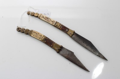 Lot 704 - Two Spanish folding Navaja knives with bone, brass and Tortoiseshell mounts, 26 and 23.5cm in overall length (2)