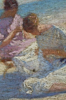 Lot 1164 - Small Impressionist circular signed oil of two girls on beach