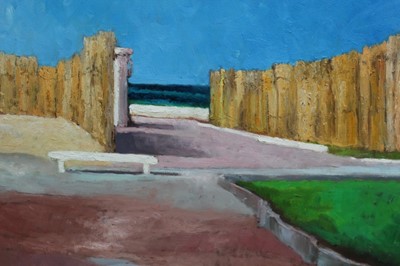 Lot 59 - David Britton, contemporary, oil on board - Sand Barriers Raywad Egypt, signed, framed, 55cm x 72cm