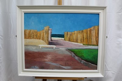 Lot 59 - David Britton, contemporary, oil on board - Sand Barriers Raywad Egypt, signed, framed, 55cm x 72cm