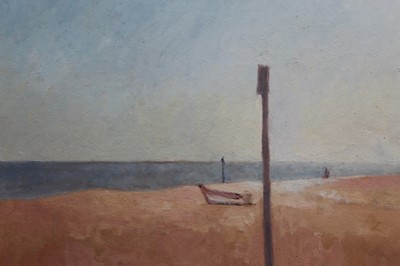 Lot 977 - David Britton, contemporary, oil on board - Aldeburgh Beach, signed, framed, 59cm x 64cm