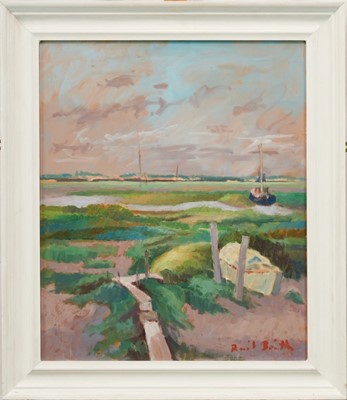 Lot 980 - David Britton, contemporary, oil on board - Boats and Walkways at Tollesbury, signed, framed, 59cm x 49cm