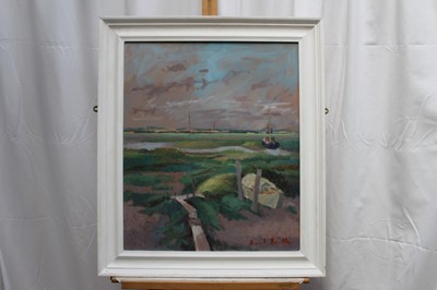 Lot 980 - David Britton, contemporary, oil on board - Boats and Walkways at Tollesbury, signed, framed, 59cm x 49cm