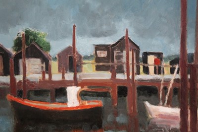 Lot 981 - David Britton, contemporary, oil on board - Boats and Huts, signed, framed, 44cm x 54cm