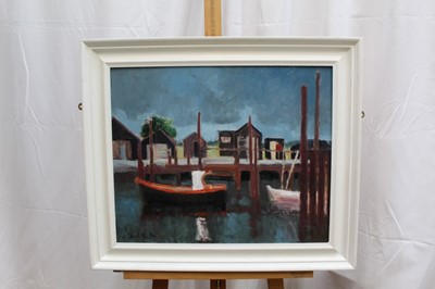 Lot 981 - David Britton, contemporary, oil on board - Boats and Huts, signed, framed, 44cm x 54cm