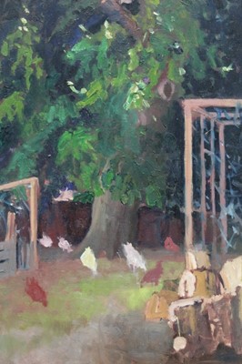 Lot 982 - David Britton, contemporary, oil on board - Chickens Under a Chestnut Tree, signed, framed, 59cm x 39cm