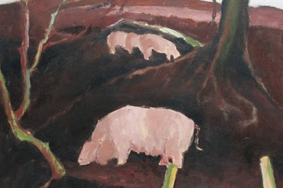 Lot 983 - David Britton, contemporary, oil on board - Pigs Feeding, signed, framed, 54cm x 58cm