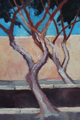 Lot 984 - David Britton, contemporary, oil on board - Roadside Trees Lanzerotte, signed, framed, 58cm x 50cm