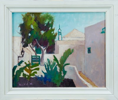 Lot 985 - David Britton, contemporary, oil on board - Houses In Lanzerotte, signed, framed, 43cm x 54cm