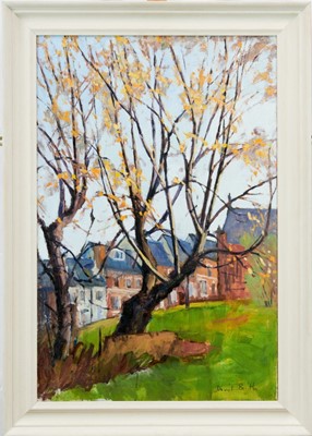 Lot 986 - David Britton, contemporary, oil on canvas - Sheffield Poplars and Houses, signed, framed, 75cm x 50cm