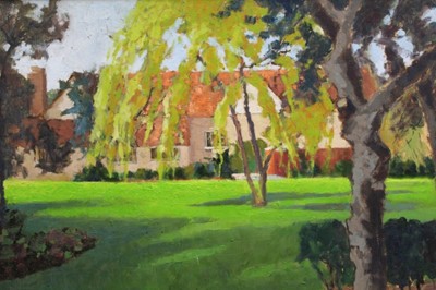 Lot 988 - David Britton, contemporary, oil on board - Little Glebe Garden Spring Lane Colchester, signed, framed, 49cm x 61cm